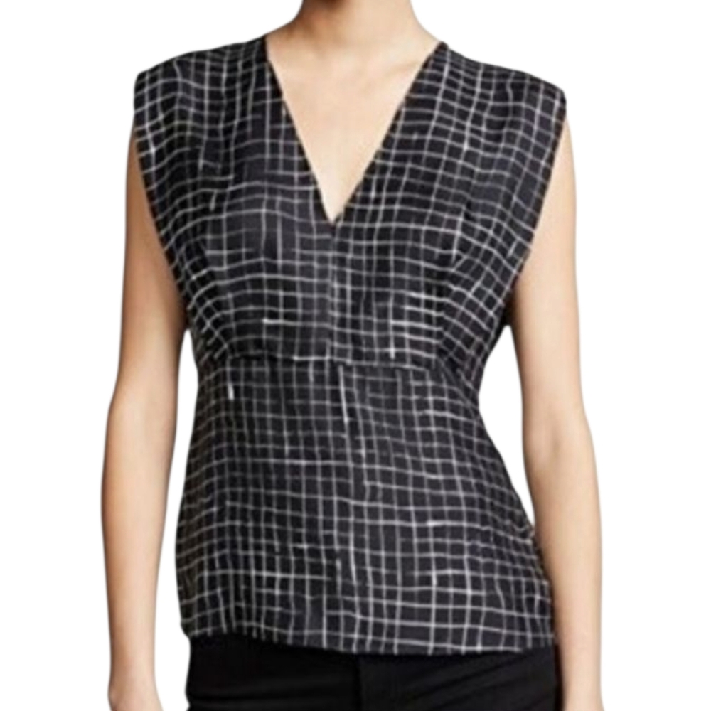 Theory Silk Kimono Pleat Top Neutral Grid Twl